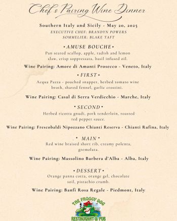 The Froggy Dog Restaurant & Pub, Monthly Wine Dinner - Southern Italy & Sicily