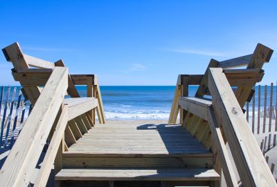 Boardwalk with benches to the beach.