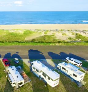 An aerial view Oceanfront Sites at Camp Hatteras RV Park & Resort